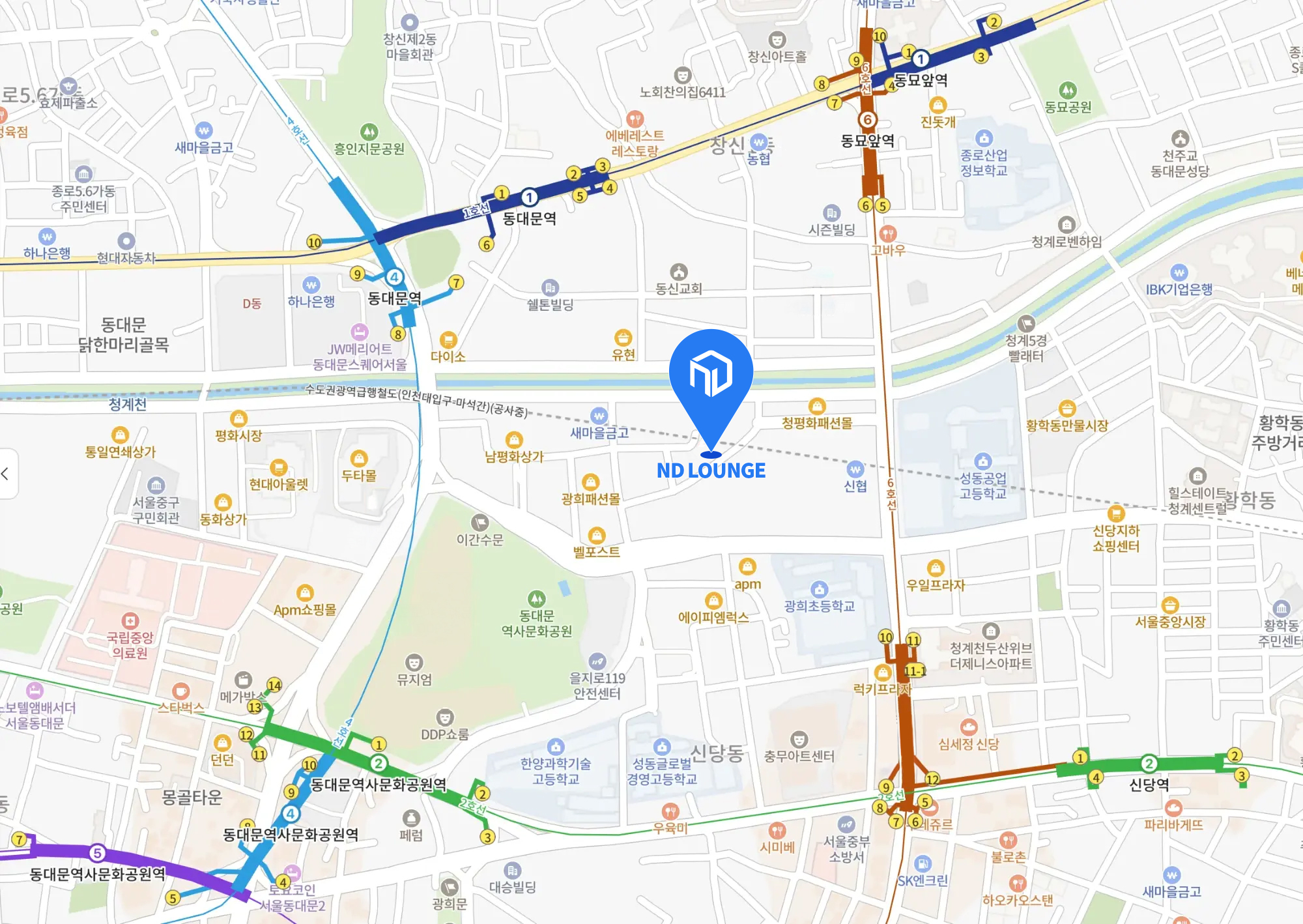 ND라운지 위치 지도 (동대문역·동묘앞역·신당역 기준)